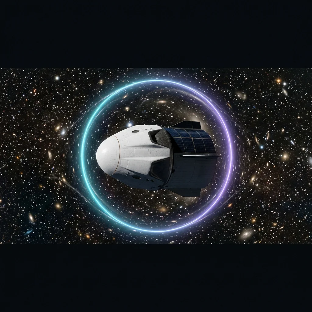 Photorealistic cinematic hero view of SpaceX Dragon capsule with localized artificial gravity field ring.