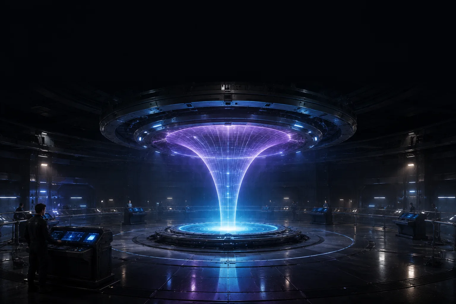 Cinematic depiction of Applied General Relativity — a cavernous facility generating a luminous, funnel-shaped localized gravitational well above a ringed platform, operators at consoles around it.