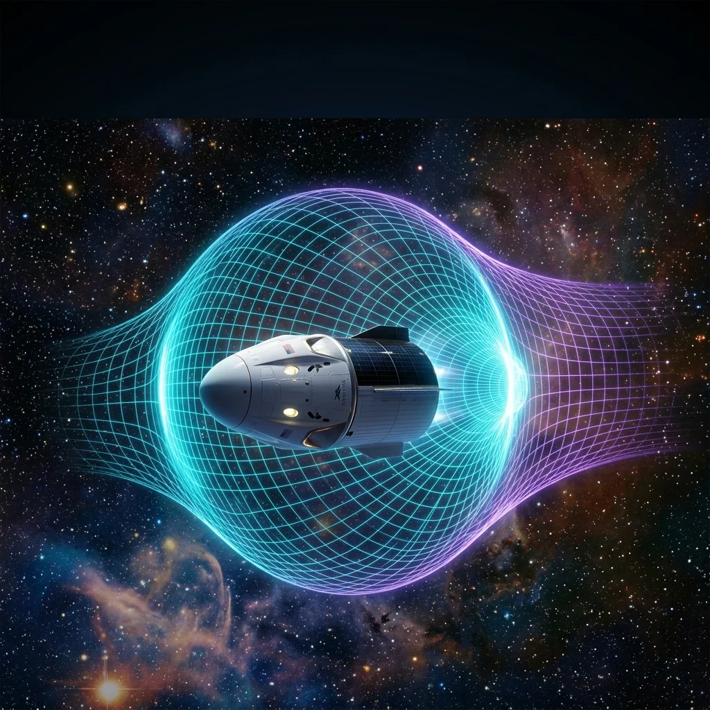 Cinematic depiction of Spacetime Metric Engineering — a SpaceX Dragon capsule encased in a luminous warp bubble that contracts space ahead and expands it behind, adrift in deep space.