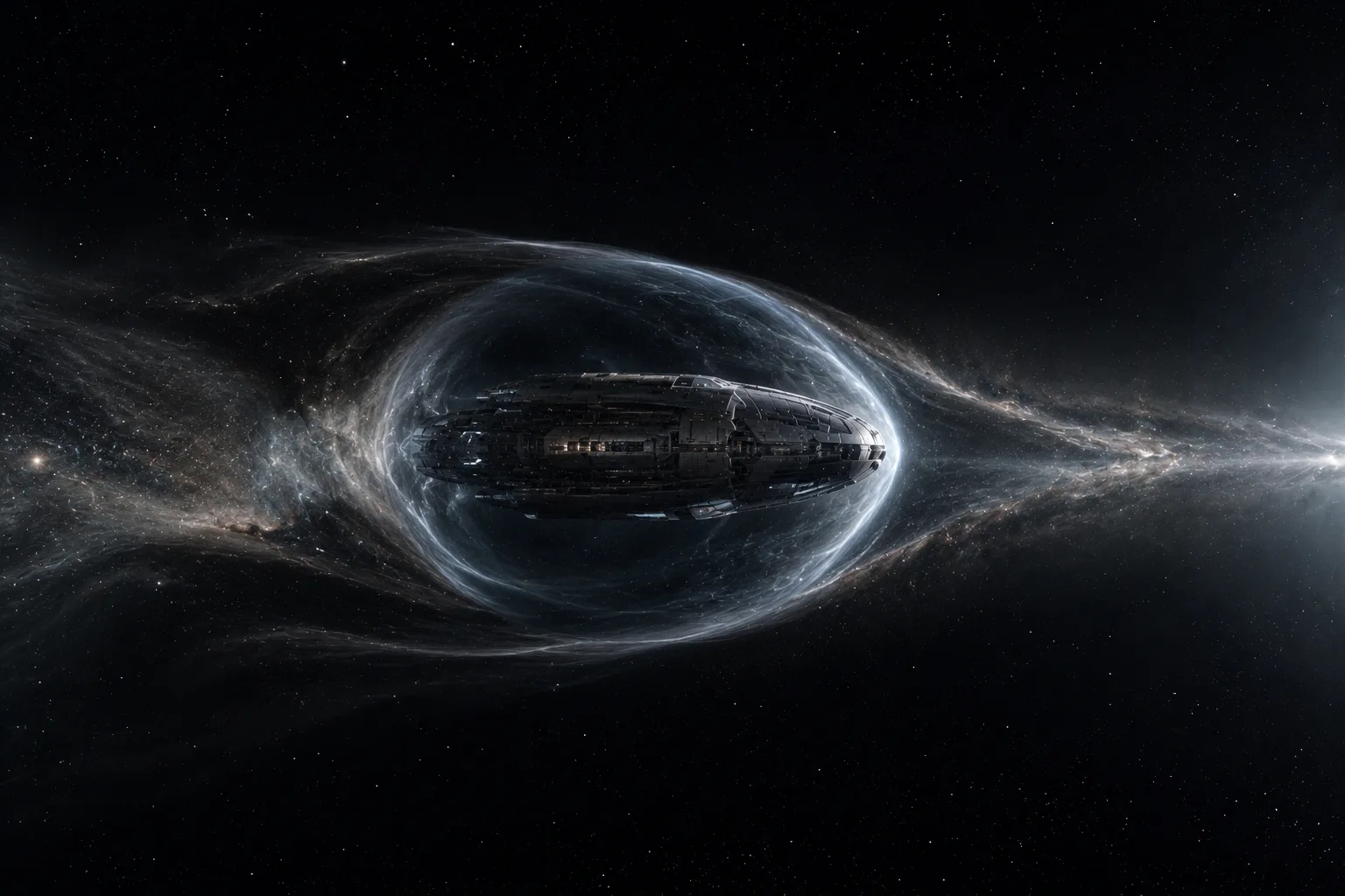 Cinematic depiction of Spacetime Metric Engineering — a starship encased in a luminous warp bubble that contracts space ahead and expands it behind, adrift in deep space.