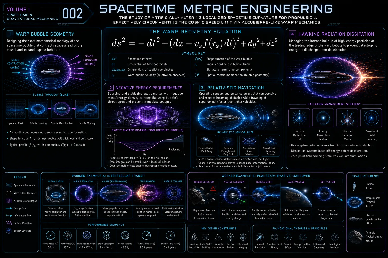 Technical infographic for Spacetime Metric Engineering: the warp geometry (Alcubierre) equation, warp-bubble geometry, negative-energy requirements, relativistic navigation, and Hawking-radiation dissipation, with worked examples and a scale reference.