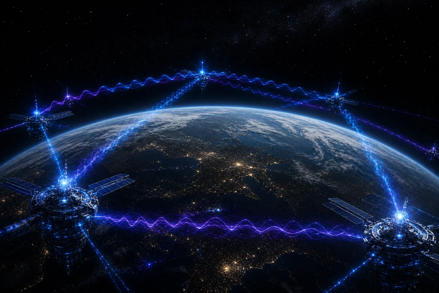 Cinematic depiction of Gravitational Wave Interferometric Computation — a constellation of interferometer satellites orbiting Earth, exchanging gravitational-wave signals across the planet's night side.