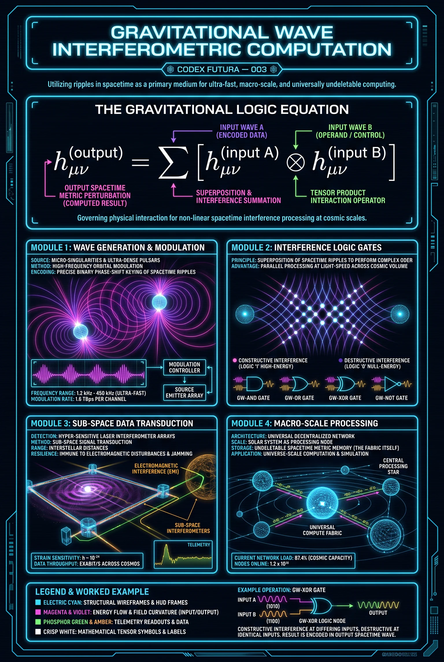 Technical infographic for Gravitational Wave Interferometric Computation: the gravitational logic equation, binary-encoded wave generation, interference logic gates with truth tables, sub-space data transduction, and a galactic-scale computational network.