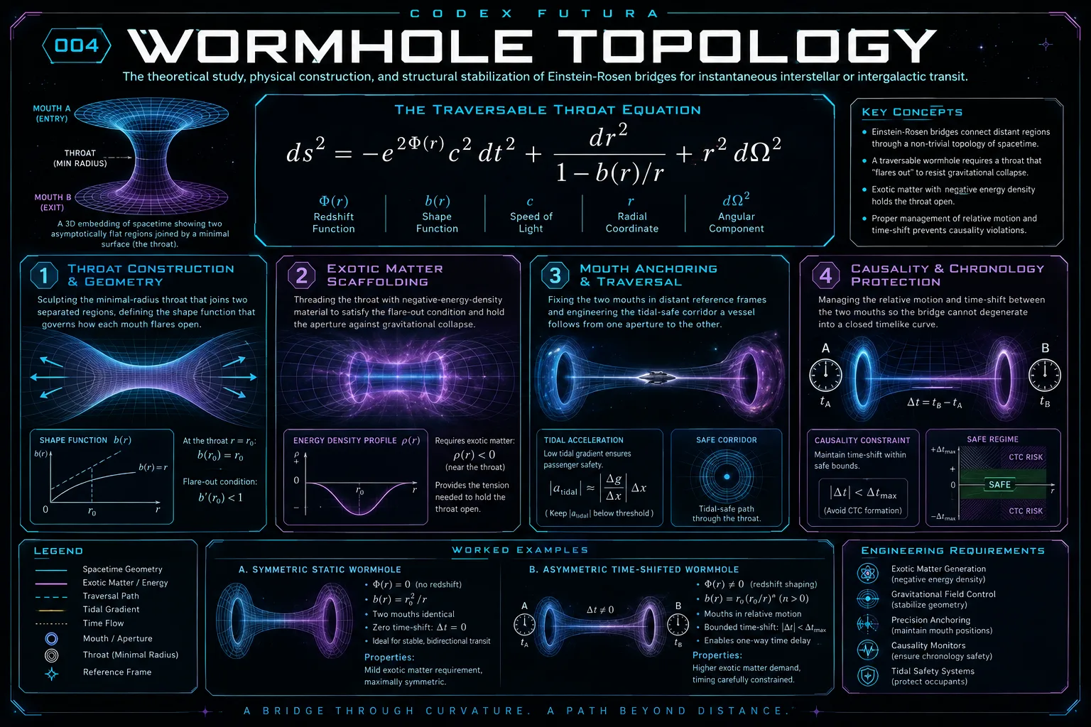 Technical infographic for Wormhole Topology: the traversable throat (Morris-Thorne) equation, throat construction and geometry, exotic-matter scaffolding with a negative energy-density profile, mouth anchoring and traversal, and causality/chronology protection, with worked examples.