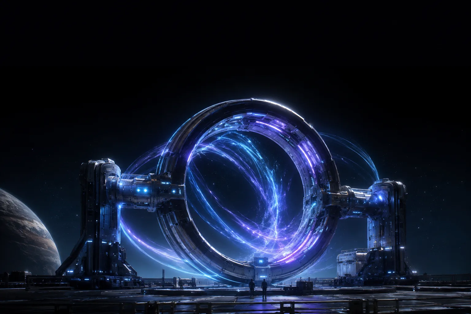 Cinematic depiction of Chronometric Engineering — a colossal ring-shaped temporal apparatus wreathed in swirling blue and violet energy on a platform, human figures for scale, a planet beyond.