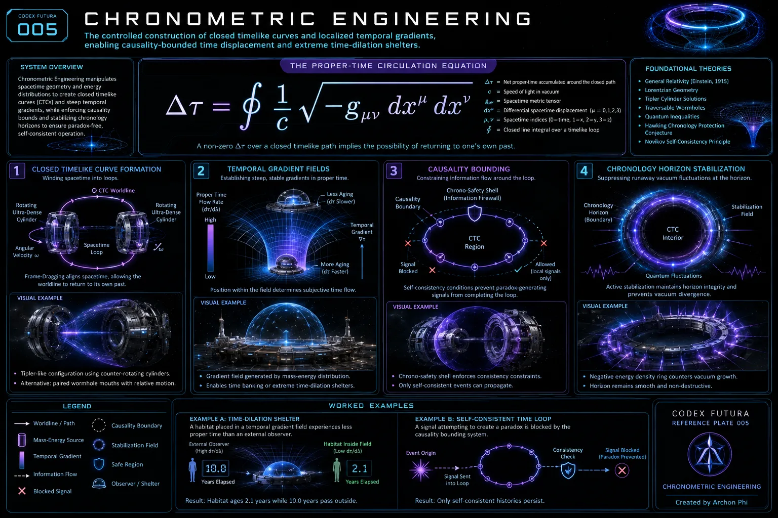 Technical infographic for Chronometric Engineering: the proper-time circulation equation, closed timelike curve formation, temporal gradient fields, causality bounding, and chronology horizon stabilization, with time-dilation worked examples.