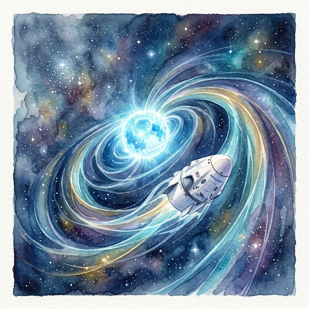 Fine art watercolor rendition of frame-dragging space distortion around a rotating compact star.