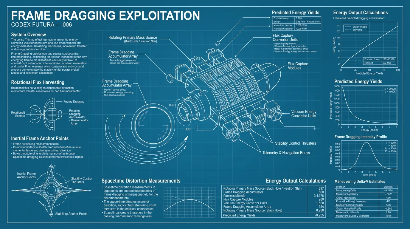 Vector blueprint schematic for frame-dragging drive assembly and rotating singularity housing.