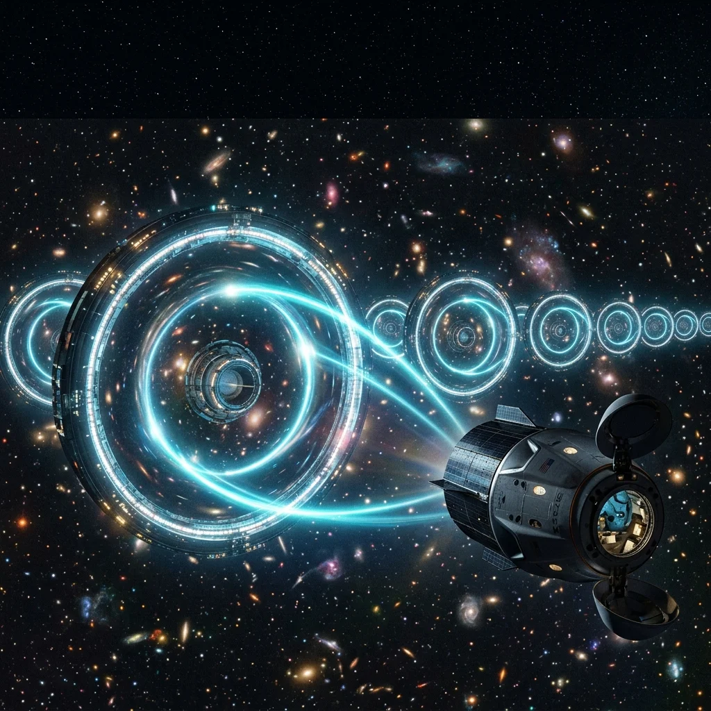 Cinematic depiction of Gravitational Lensing Optics — engineered curvature focusing cosmic light.
