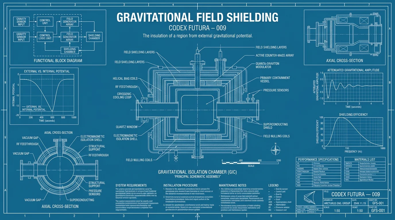 Full-bleed CAD blueprint engineering schematic for Gravitational Field Shielding.
