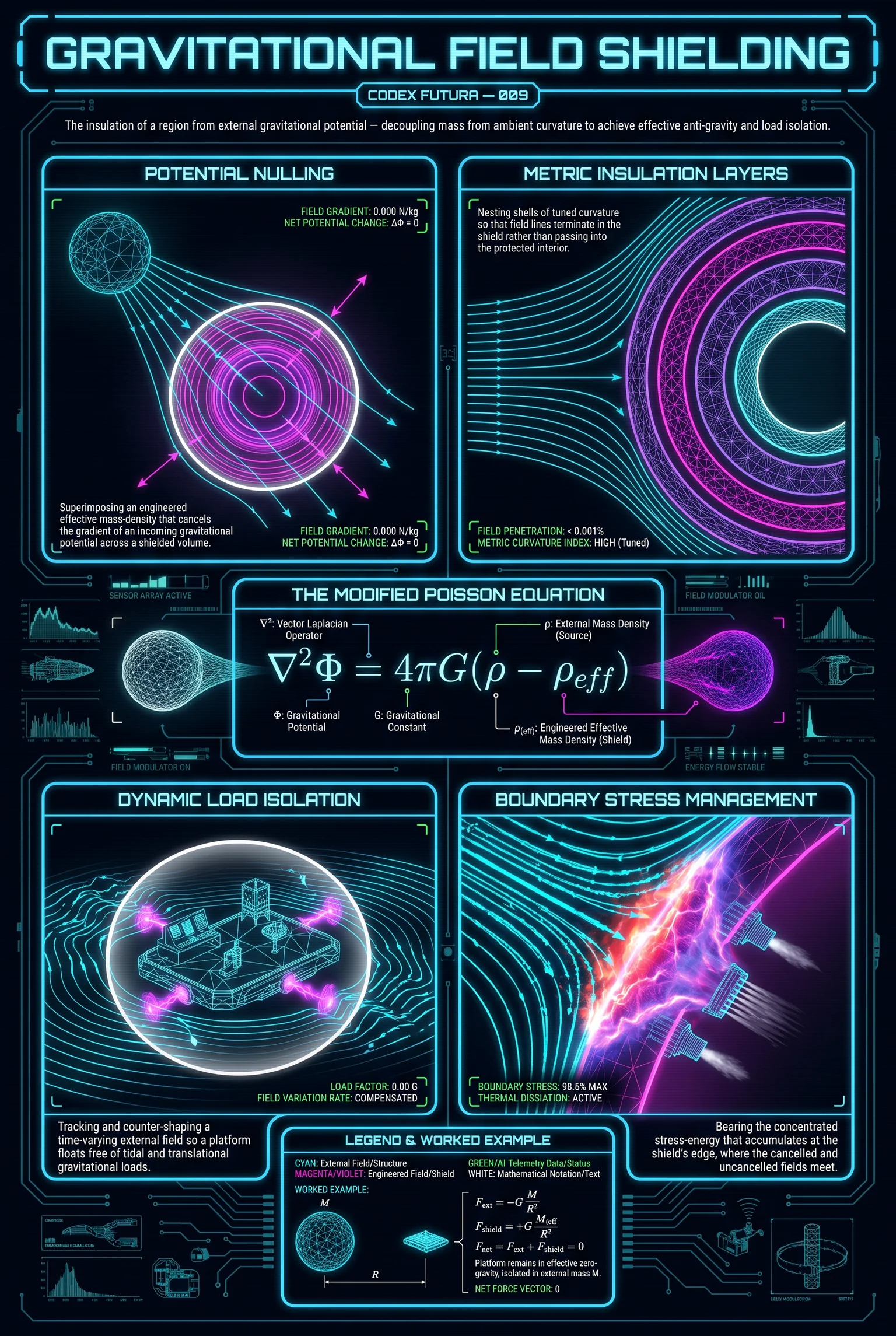 Technical infographic for Gravitational Field Shielding: Modified Poisson Equation, potential nulling vectors, and metric insulation shells.