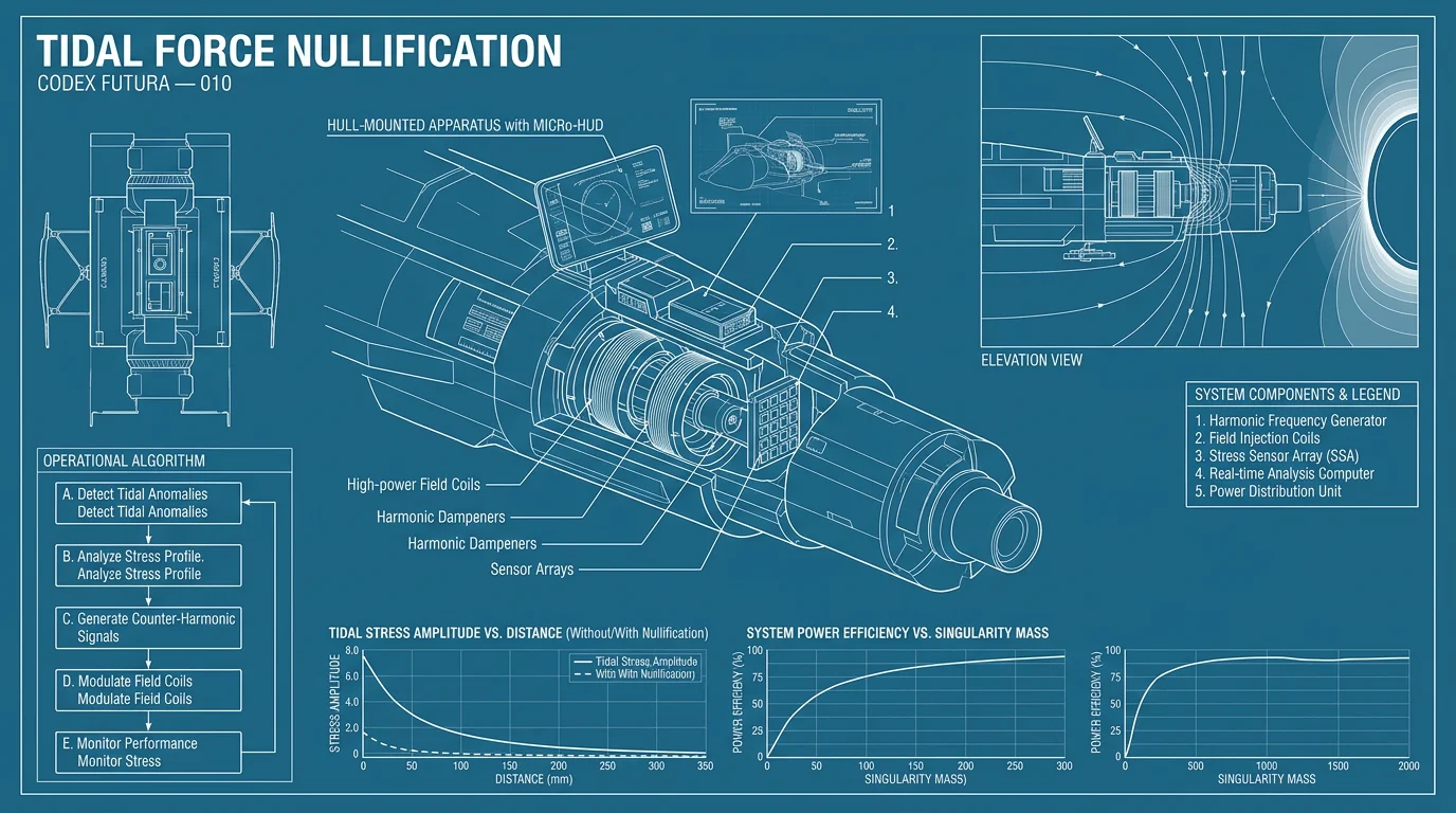 Full-bleed CAD blueprint engineering schematic for Tidal Force Nullification.