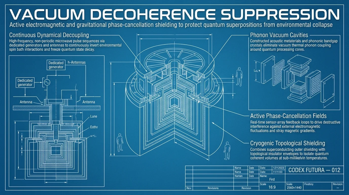 Blueprint schematic for Vacuum Decoherence Suppression — acoustic metamaterial phononic bandgap crystals and superconducting envelopes.
