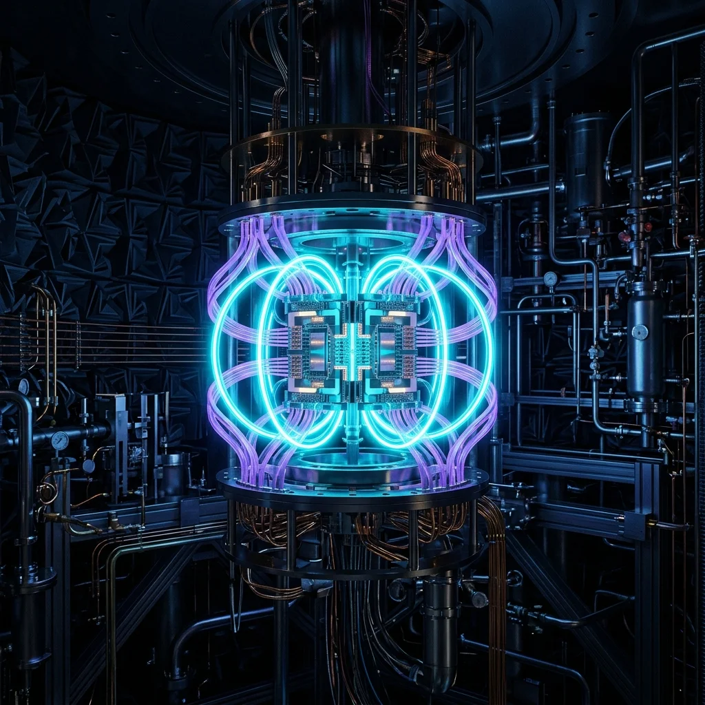 Cinematic visualization of Vacuum Decoherence Suppression — sub-millikelvin quantum core with active electromagnetic phase cancellation.
