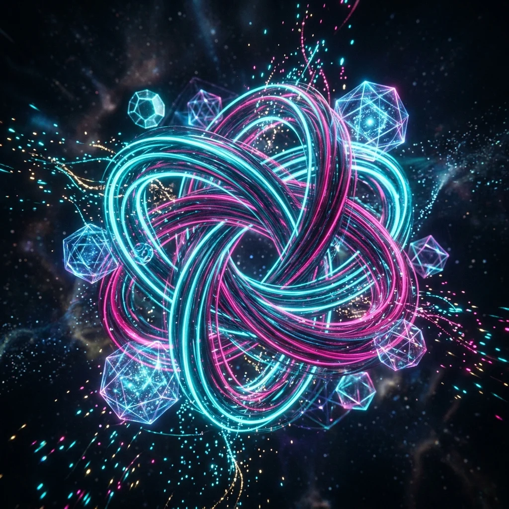 Artistic visualization of non-Abelian anyon braiding worldlines forming topological quantum knots.