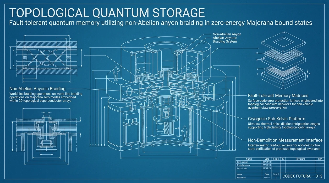 Engineering blueprint schematic for Topological Quantum Storage — semiconductor heterostructures, InSb nanowires, and cryogenic mounting plates.